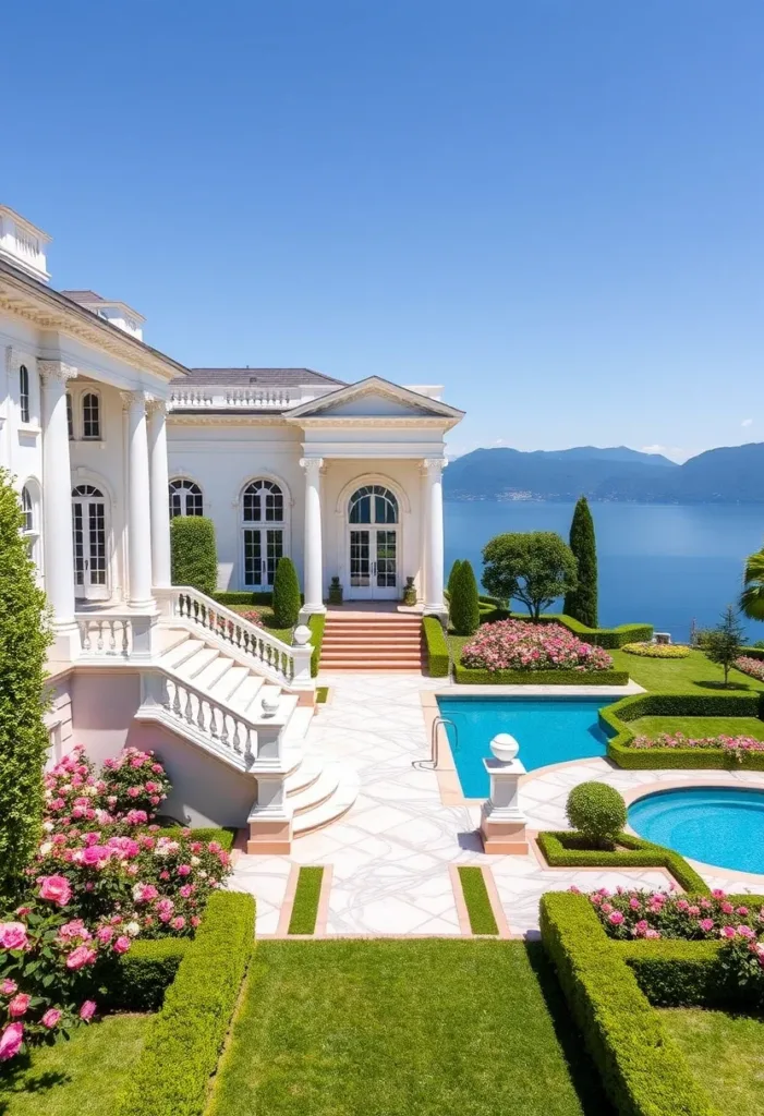 Lakefront Modern Victorian home with tiered gardens, a white facade, classical details, and stunning water views, showcasing a harmonious blend of architecture and nature.