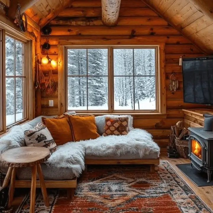 Cozy corner in a small rustic cabin with a plush sectional, a wood stove, and snowy forest views.