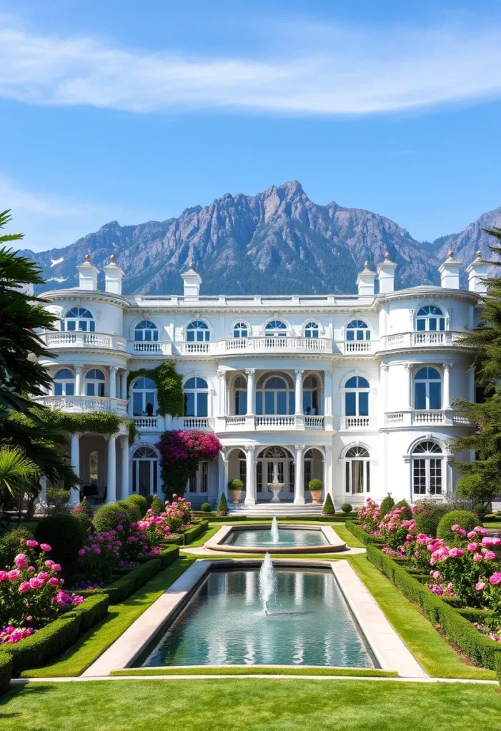 Modern Victorian home with an elongated pool, a majestic mountain backdrop, pink flowering bushes, and a white facade, showcasing a luxurious and picturesque setting.