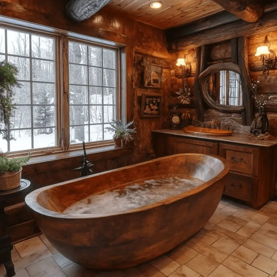 Rustic log cabin bathroom featuring a freestanding wooden soaking tub next to a large window with a snowy view.