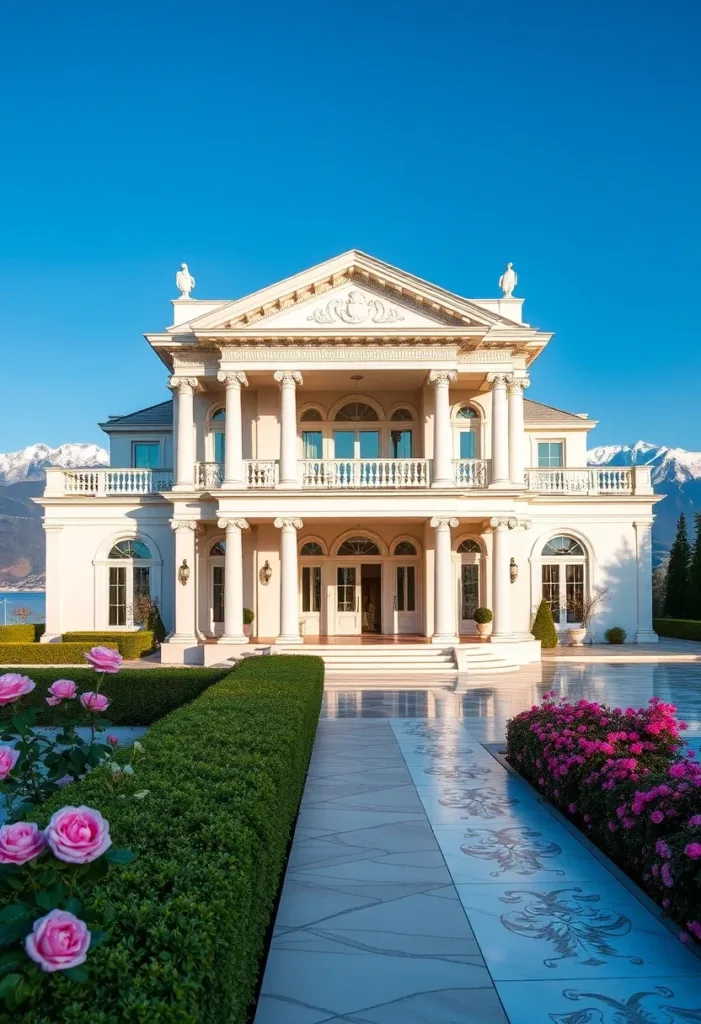 Modern Victorian home with a classical pediment, lakeside views, manicured hedges, pink flowering bushes, and a grand entrance, showcasing elegance and tranquility.