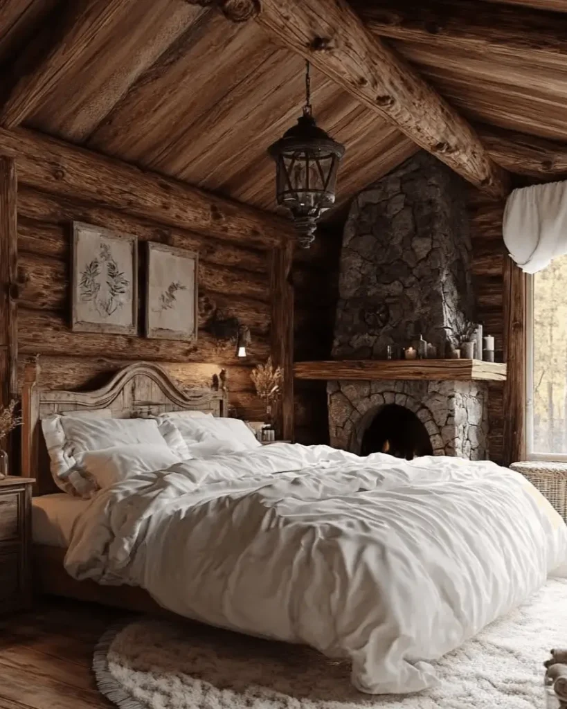 Rustic log cabin bedroom with a corner stone fireplace and a bed made with crisp white linens.