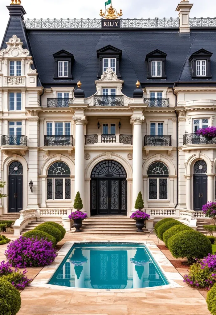 Modern Victorian home with a pool as the centerpiece, ornate railings, a light-colored facade, a dark roof, and vibrant purple flowers, showcasing luxurious outdoor living.