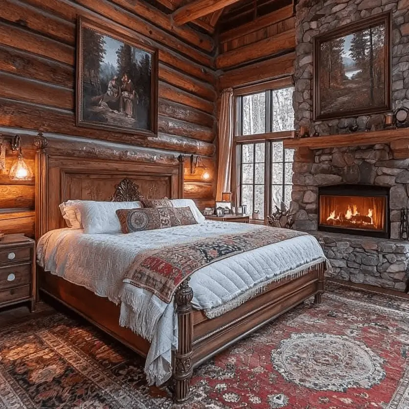 Stately log cabin bedroom with a large stone fireplace and a traditional patterned area rug.