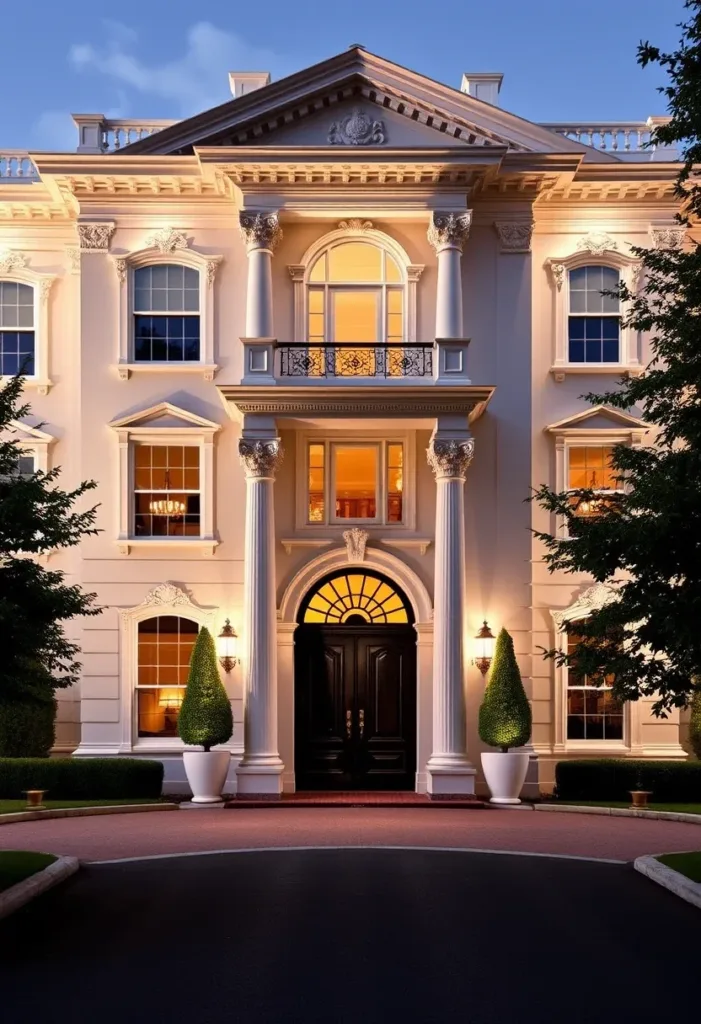 Classical Revival style home with Victorian influences, featuring grand columns, a symmetrical design, a pediment, and warm evening illumination, showcasing timeless elegance.