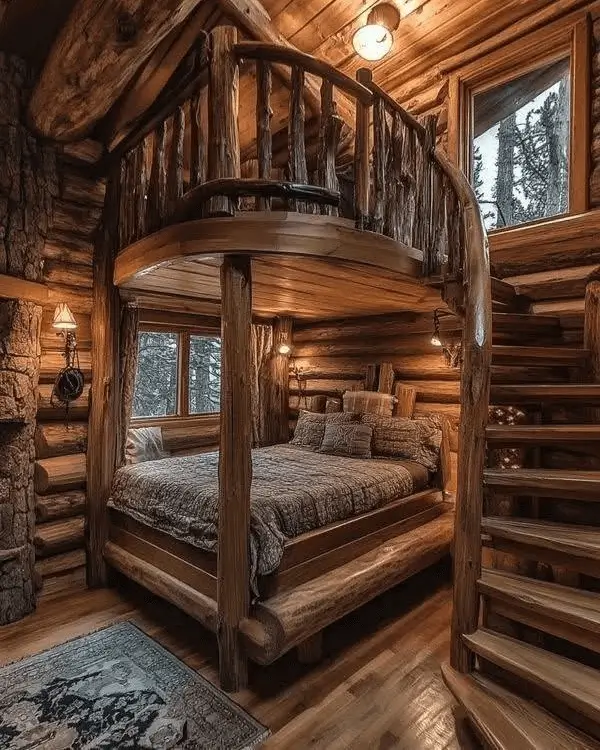 Small rustic cabin bedroom featuring a cozy bed situated underneath a wooden loft with a curved ladder.