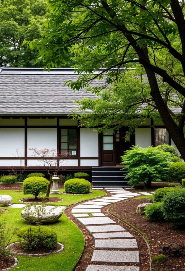 Japandi house designs with winding stone path and lush greenery