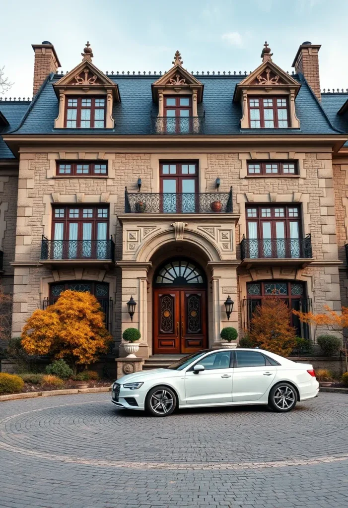 Modern Victorian home with a stone facade, dormers, detailed window surrounds, and a circular driveway, showcasing warmth and elegance amidst fall foliage.