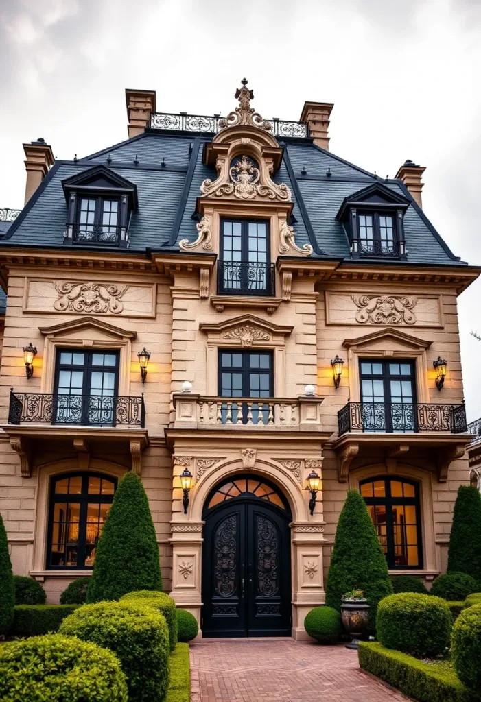 Modern Victorian home with a beige stone facade, black window frames, ornate detailing, an arched doorway, and manicured hedges, showcasing sophisticated design.