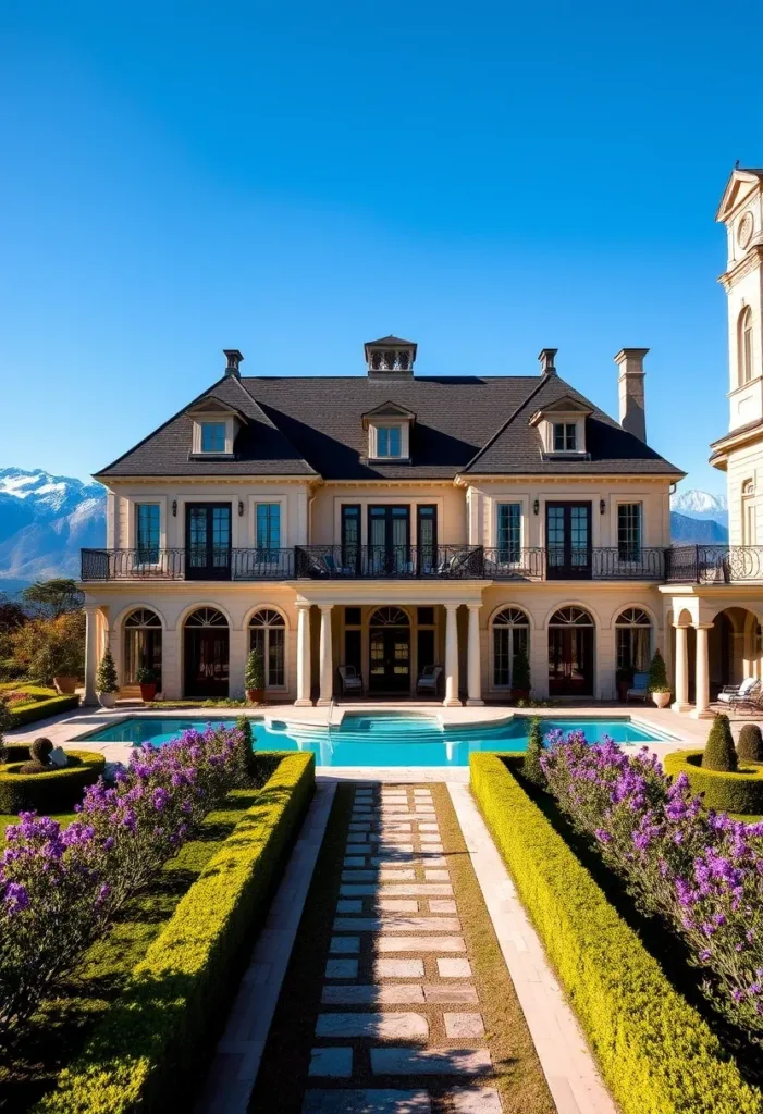 French Chateau-inspired home with Modern Victorian elements, featuring an expansive pool, manicured hedges, vibrant flowers, and a mountain backdrop, showcasing luxurious living.