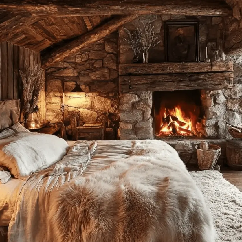 Rustic attic bedroom with a large stone fireplace, heavy wood beams, and a cozy bed with a white fur throw.