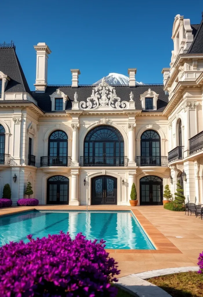 Modern Victorian home with a courtyard pool, intricate detailing on the light-colored facade, arched windows, and vibrant purple flowers, showcasing a private and elegant oasis.