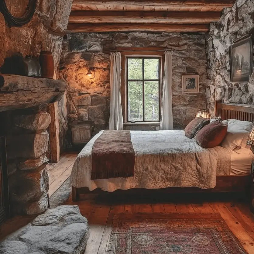 Small rustic cabin bedroom completely enclosed by rough, natural stone walls and ceiling beams.