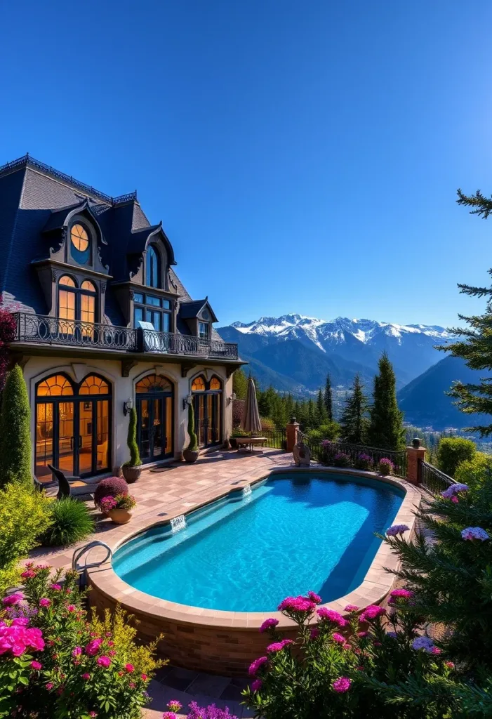 Modern Victorian home with a pool offering stunning mountain views, a mansard roof, arched windows, and lush landscaping, showcasing a luxurious and picturesque setting.