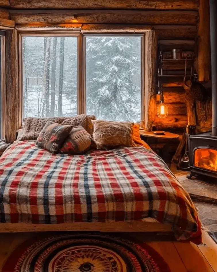 Cozy log cabin bedroom with a plaid-covered bed set against large windows overlooking a snowy forest.