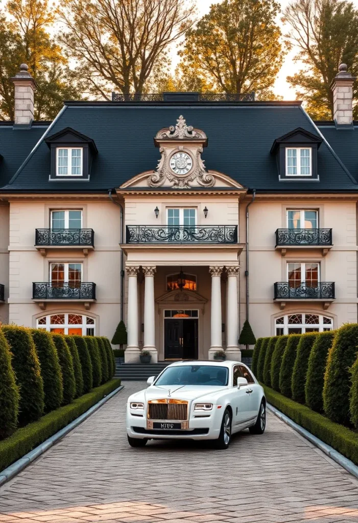 Modern Victorian home with a unique clock detail, ornate railings, a beige and dark blue-black exterior, and modern landscaping, showcasing a blend of historical charm and contemporary design.