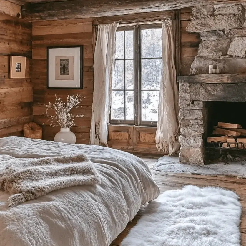 A bright rustic bedroom featuring light wood walls, a stone fireplace, and white linens.