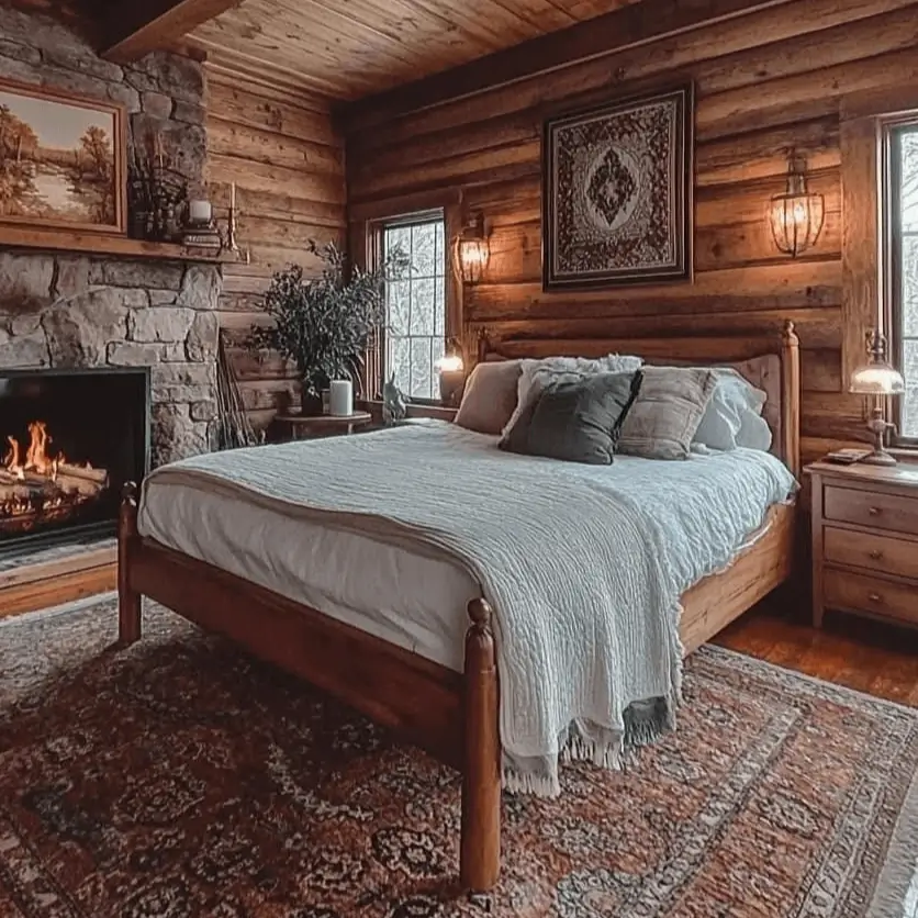 A classic log cabin bedroom featuring a stone fireplace, a simple wood bed, and a large traditional patterned rug.