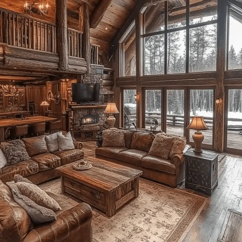 Rustic log cabin great room with large leather sofas arranged around a coffee table, facing a wall of windows.