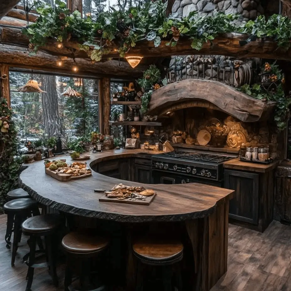 Rustic cabin kitchen with a curved wood island, stone accents, and lush green garlands draped over beams.