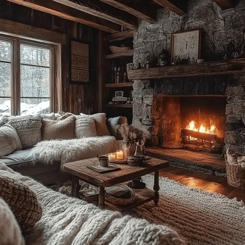 Cozy rustic cabin living room with a stone fireplace and a sofa covered in plush, layered throws.