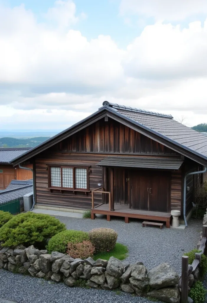 Japandi house designs building with low stone wall and gravel