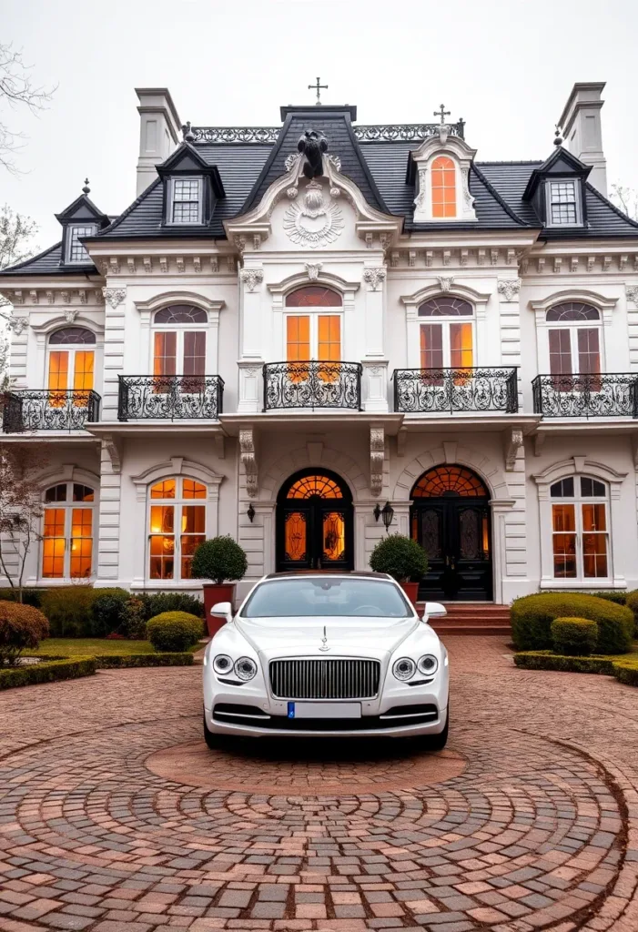 Modern home with French Chateau style mansard roof and Victorian ironwork balconies, showcasing a unique blend of architectural influences.