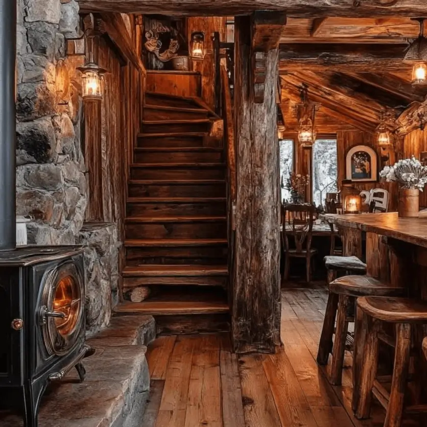Freestanding black wood-burning stove glowing warmly next to a wooden staircase in a rustic cabin.