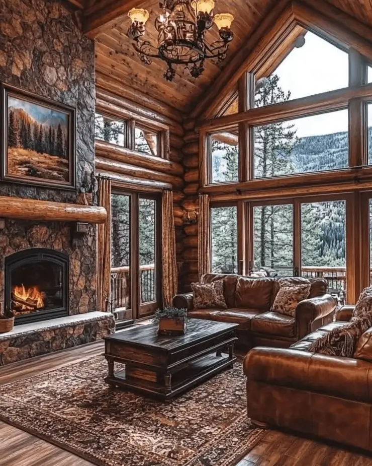 Classic log cabin great room with leather sofas, a large stone fireplace, and expansive windows showing a mountain view.