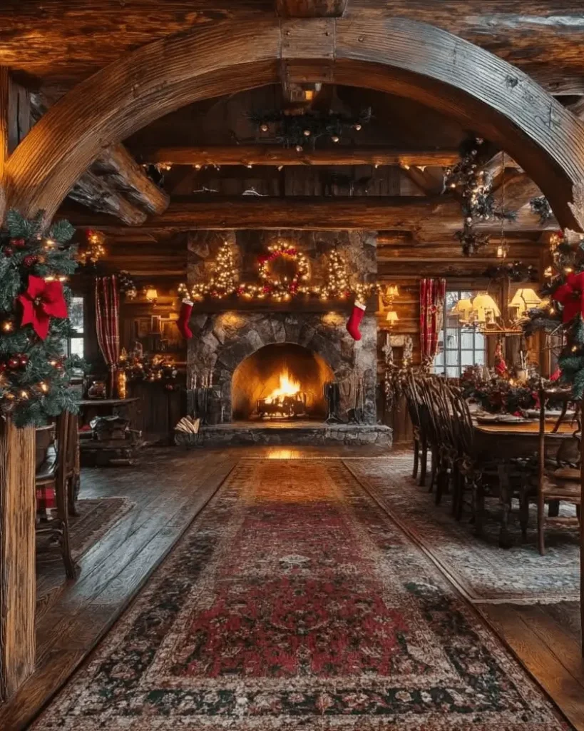 A rustic cabin's great room decorated for the holidays with garlands and lights around a stone fireplace.