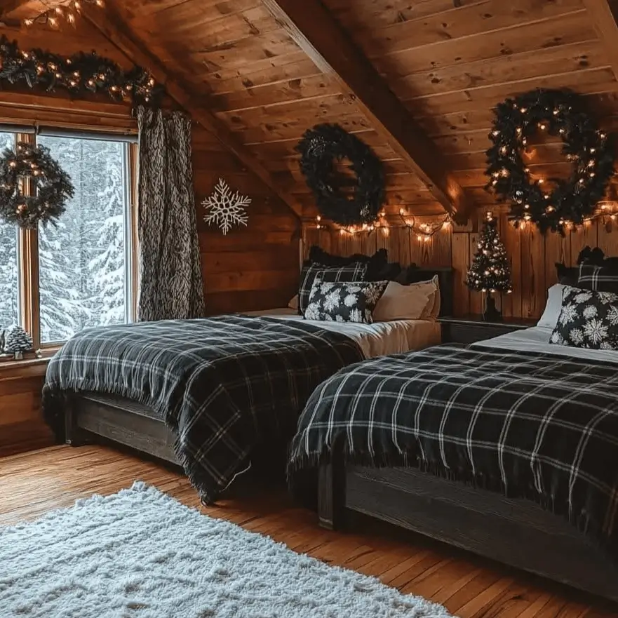 Cozy rustic attic bedroom with twin beds decorated for the holidays with wreaths and string lights.