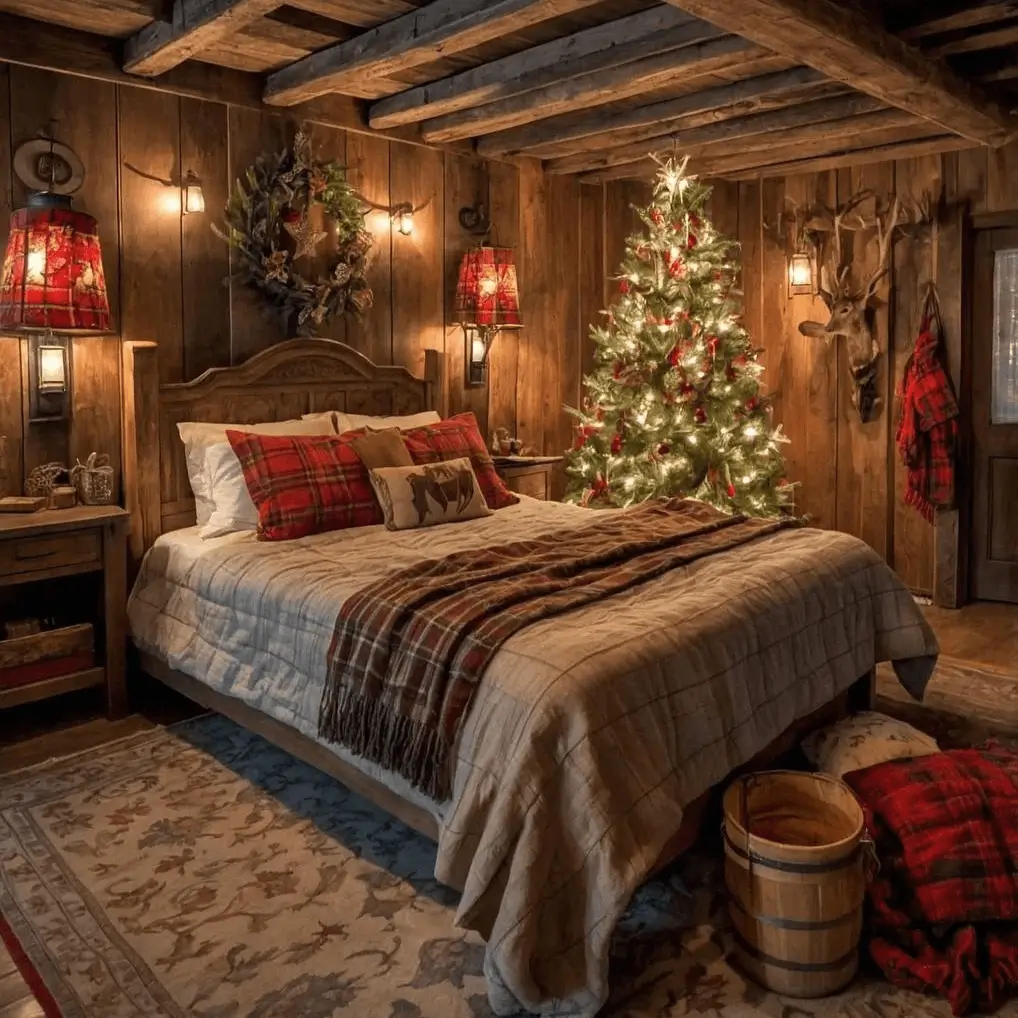 A rustic cabin bedroom decorated for Christmas with a lit tree and plaid bedding.
