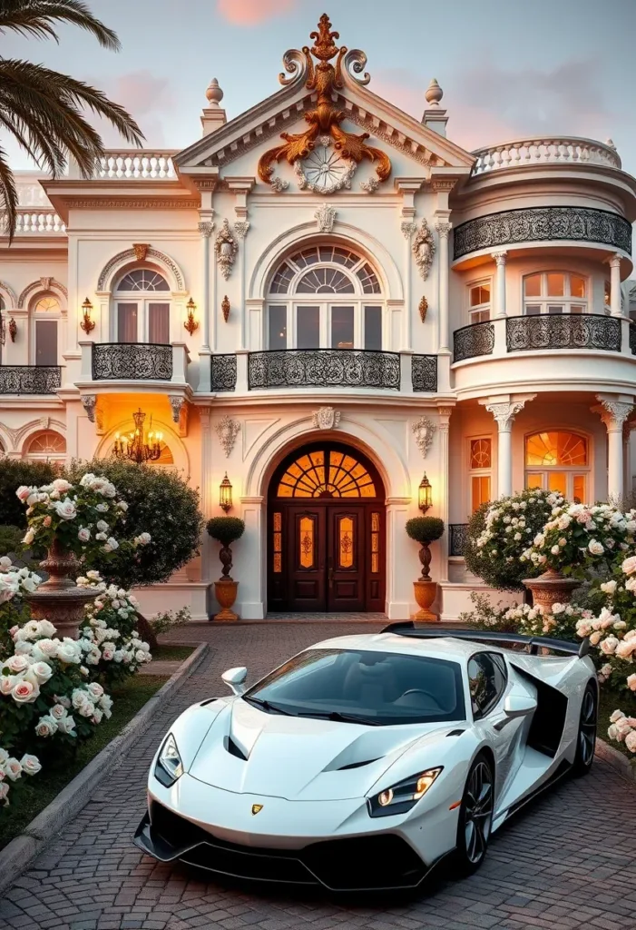 Modern Victorian mansion with lavish white rose landscaping, intricate architectural details, and a circular turret, blending natural beauty and design.