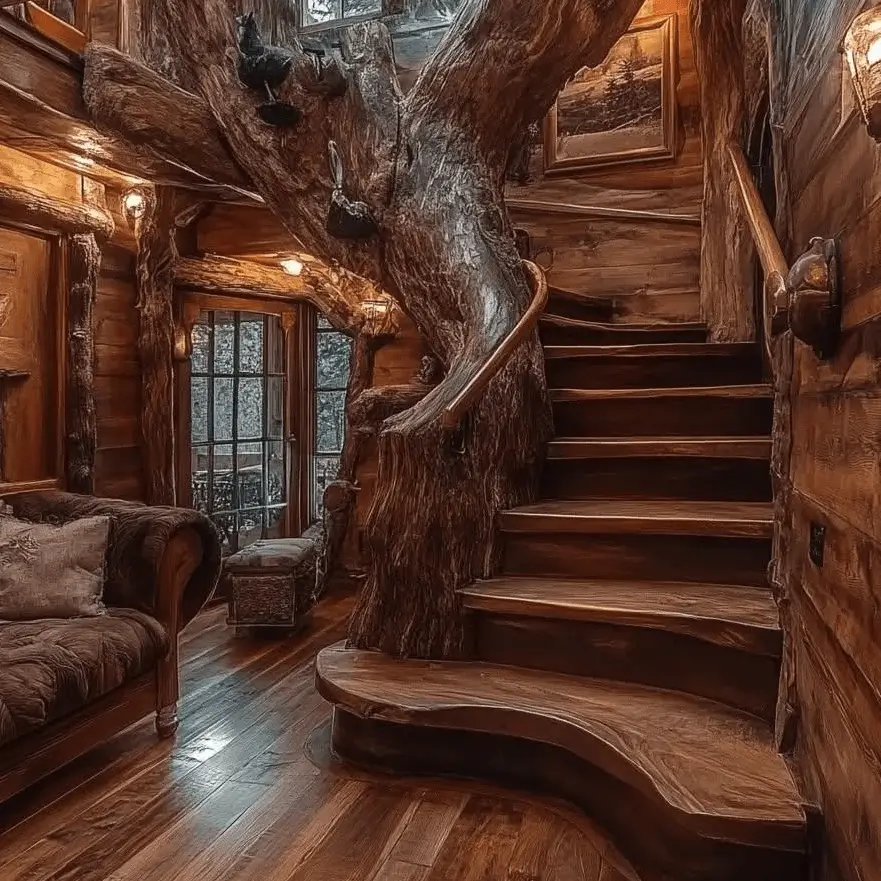 Unique wooden staircase in a log cabin that winds around a large, preserved tree trunk feature.