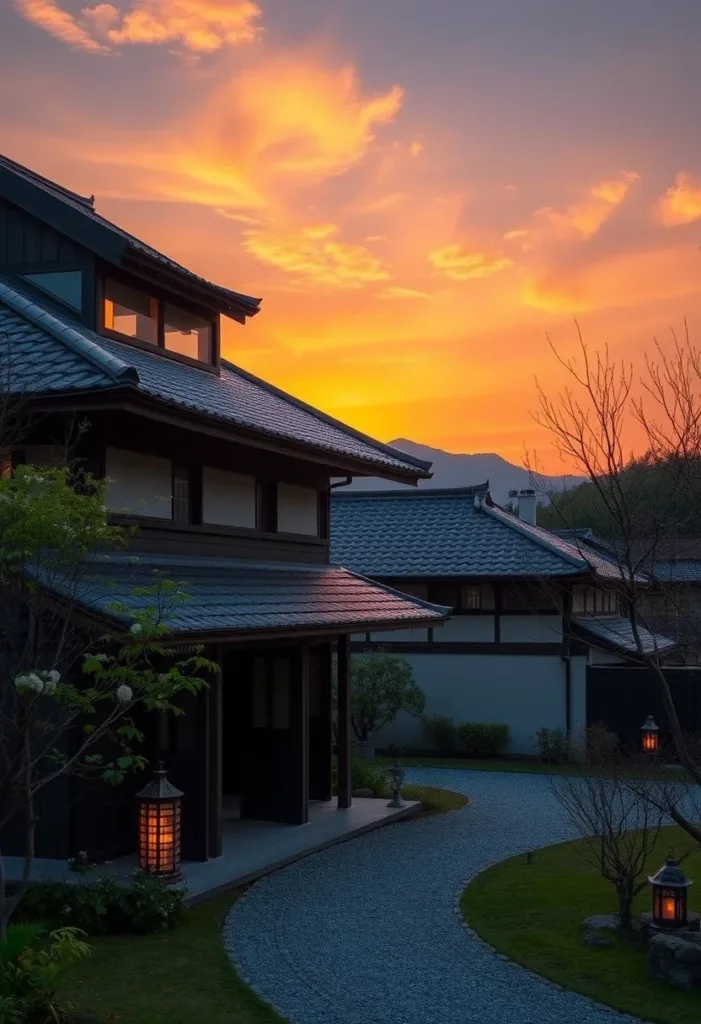 Japandi house designs with traditional lanterns at dusk