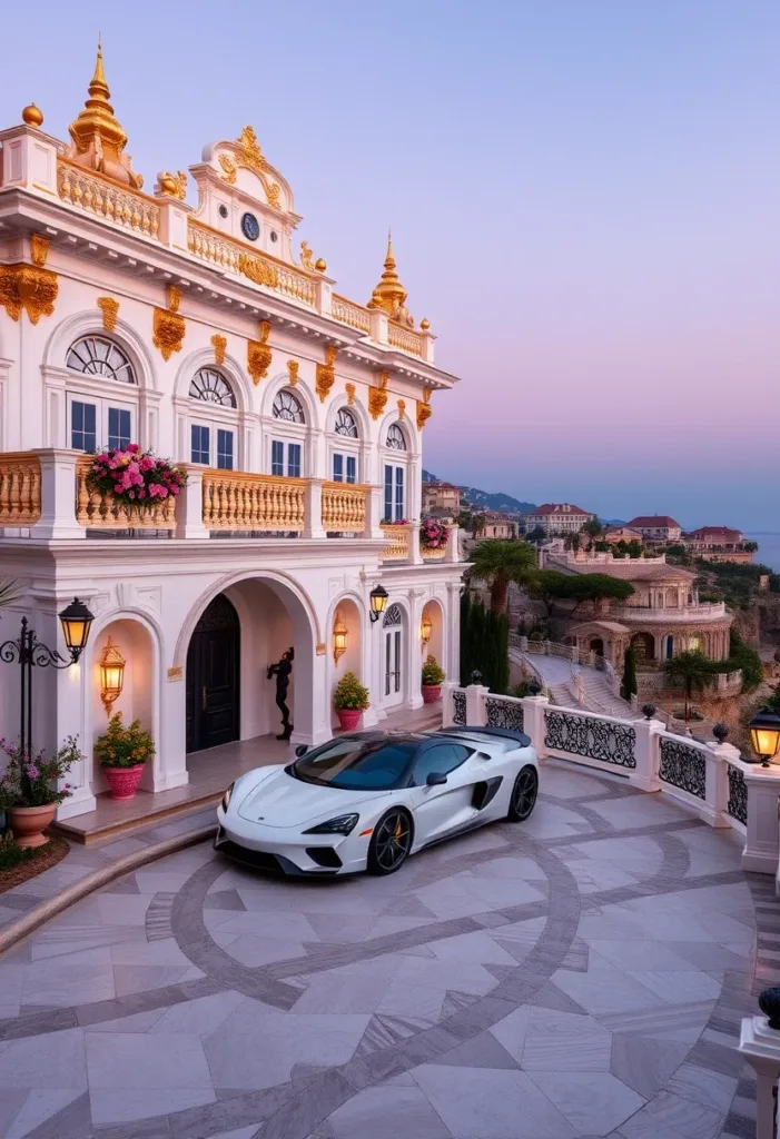 Modern Victorian home with gold architectural accents, expansive balconies, and stunning coastal views, showcasing luxurious seaside living.