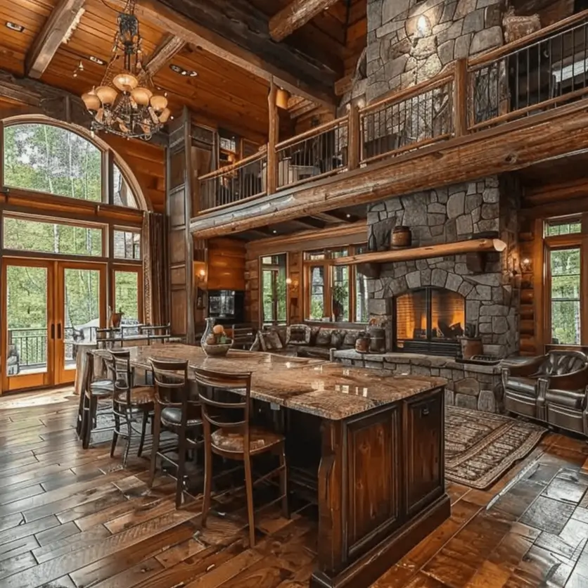 Spacious rustic cabin great room featuring a floor-to-ceiling arched window and a large stone fireplace.