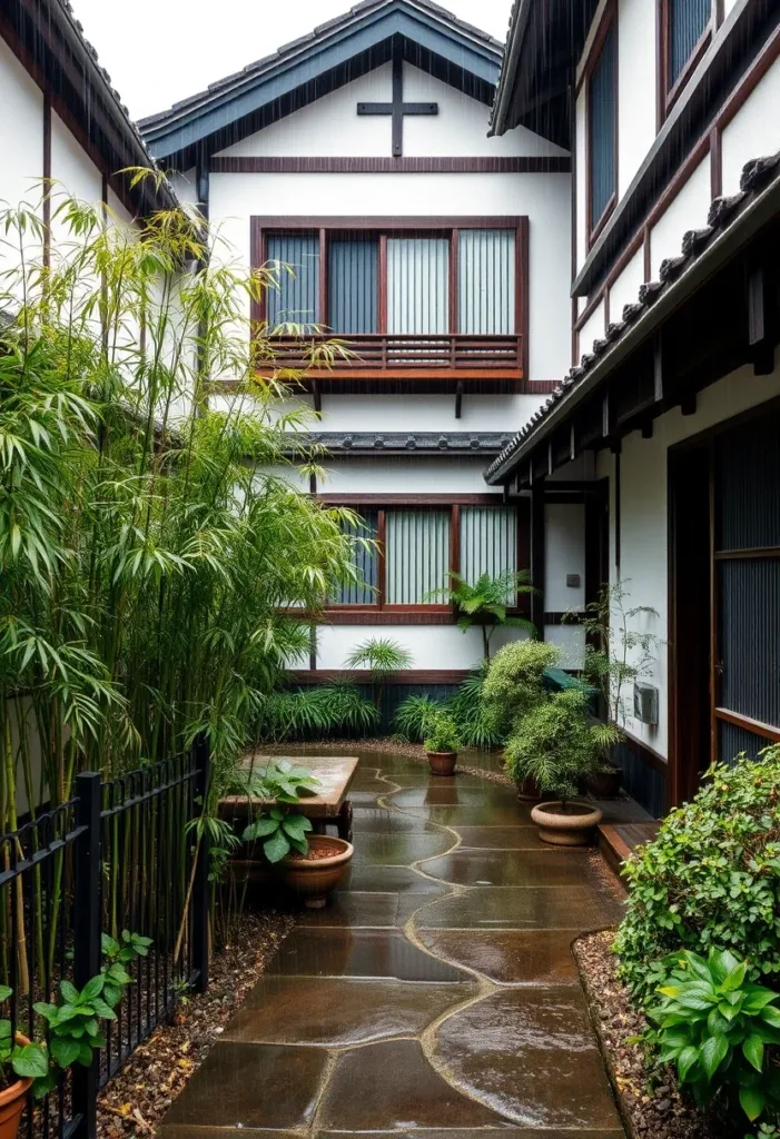 Japandi house designs courtyard with bamboo privacy screen