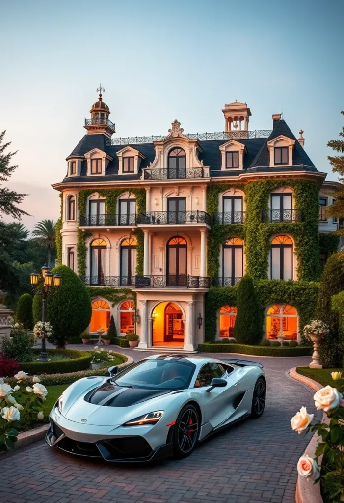 Modern Victorian home featuring a vine-covered facade, a striking mansard roof with dormers, and lush landscaping, blending natural and architectural elements.