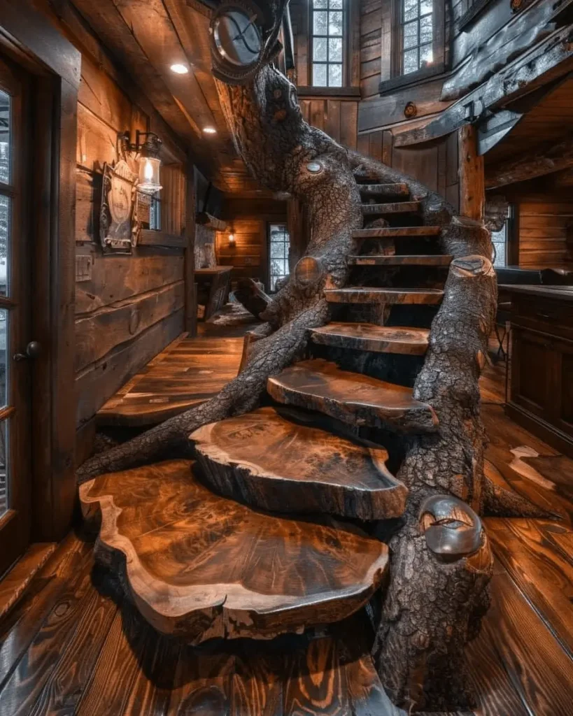 Sculptural wooden staircase in a log cabin featuring wide, cross-section wood slab treads.