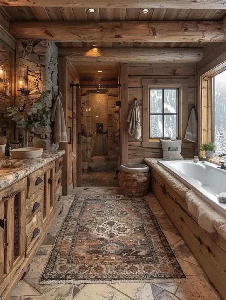 Rustic cabin bathroom with wood paneling