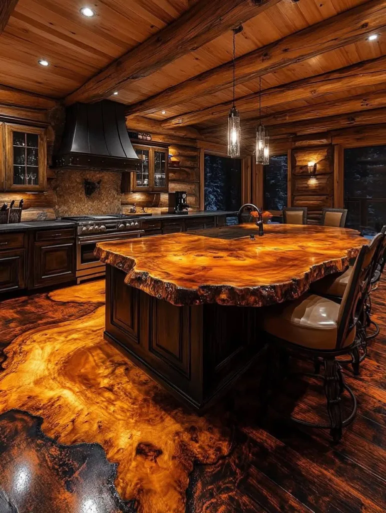 Rustic kitchen with live-edge wood island