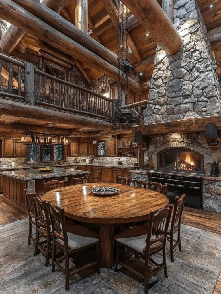 Rustic log cabin kitchen with large dining table