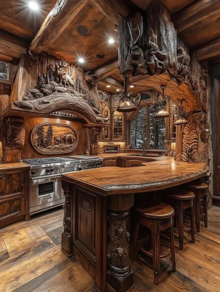 Rustic kitchen with carved wood details