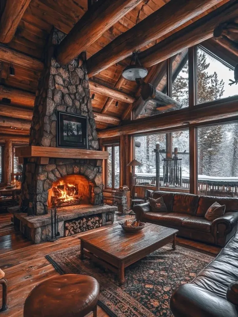 Rustic living room with large stone fireplace