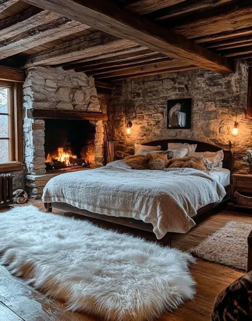 Rustic bedroom with stone fireplace