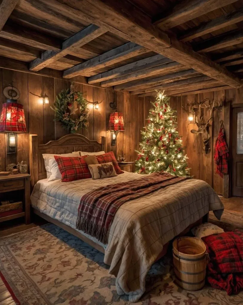 Rustic bedroom decorated for Christmas