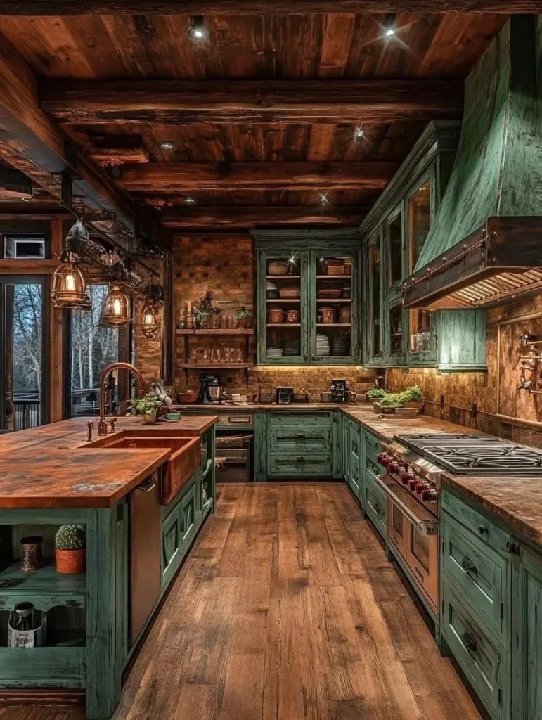 Rustic kitchen with copper farmhouse sink