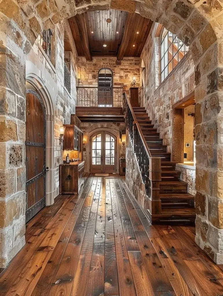 Rustic home interior with stone archways