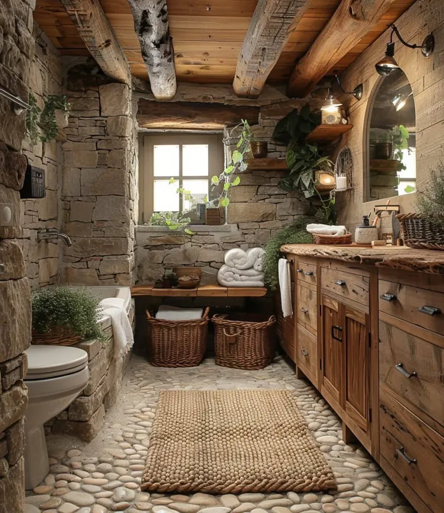 Rustic bathroom with stone walls and floor